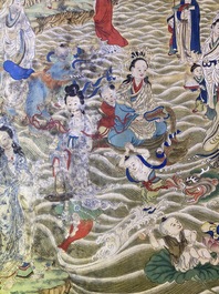 Chinese school, ink and color on canvas: 'Mountainous landscape with goddesses, mythical animals and boys', 19/20th C.